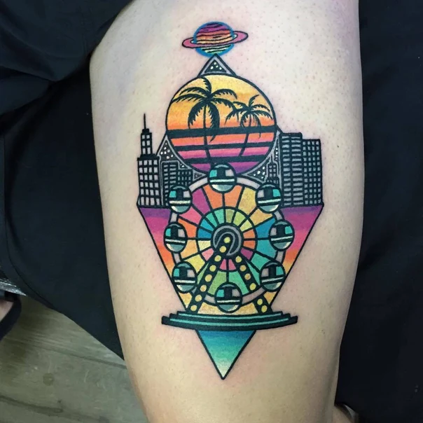 Geometric Ferris wheel, Cityscape tattoo on Thigh