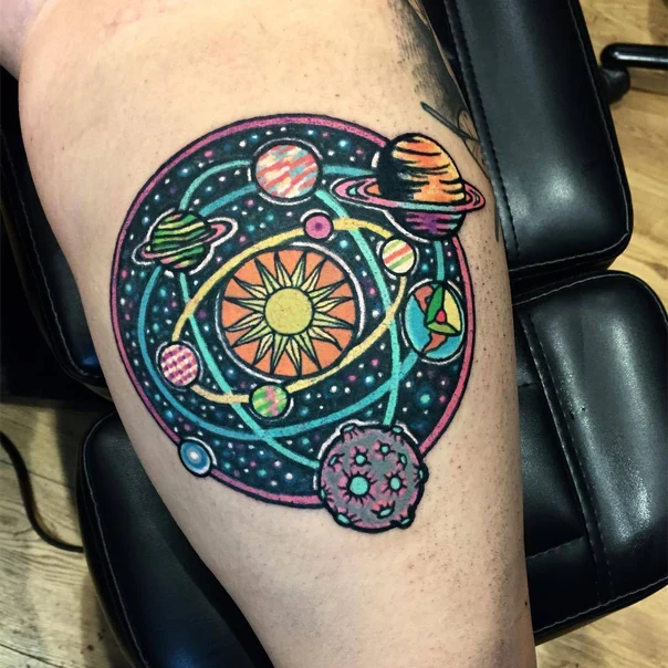Illustrative Planets, Sun tattoo on Thigh