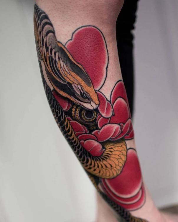 Japanese Snake, Flower tattoo on Forearm