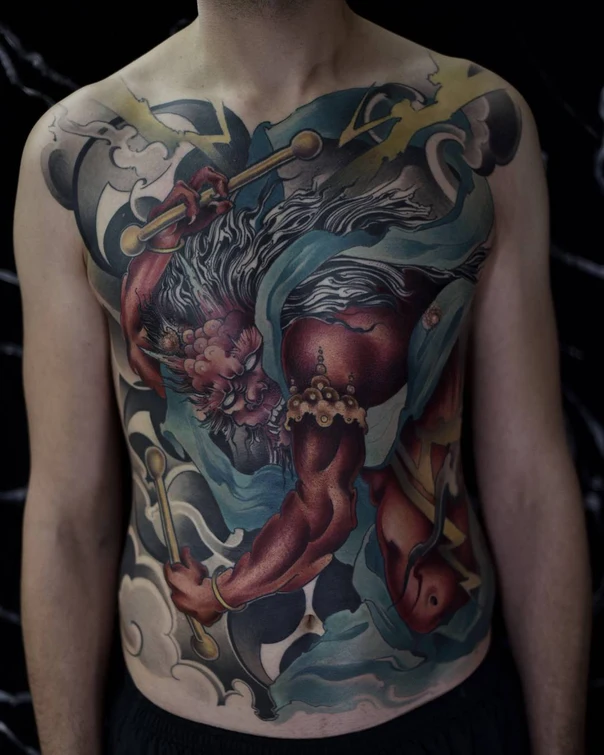 Japanese Demon, Clouds tattoo on Chest