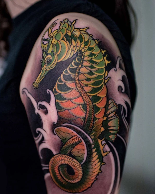 Japanese Seahorse, Waves tattoo on Shoulder