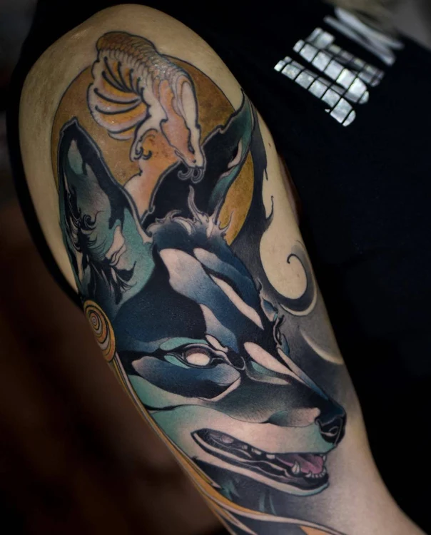 Japanese Wolf, Koi fish tattoo on Upper Arm