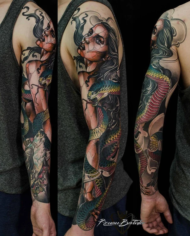 Illustrative Snake, Woman tattoo on Full Sleeve