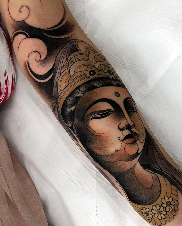 Japanese Buddha, Clouds tattoo on Forearm