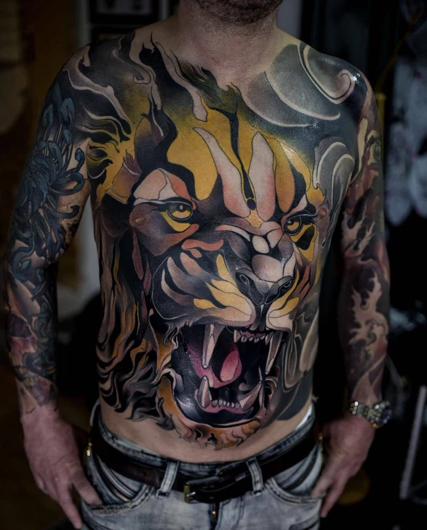 Japanese Lion, Waves tattoo on Chest