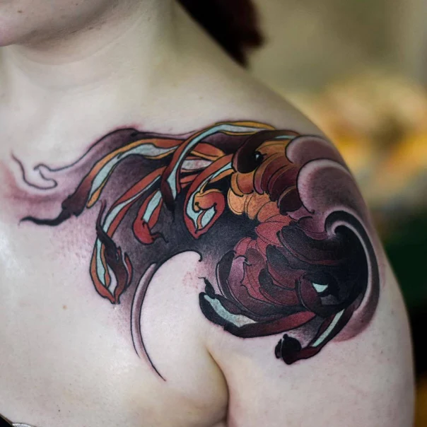 Japanese Floral, Wave tattoo on Shoulder