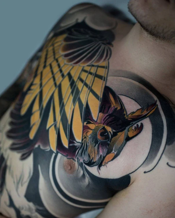 Japanese Owl, Wings tattoo on Chest
