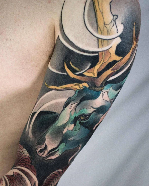 Japanese Deer, Moon tattoo on Full Sleeve