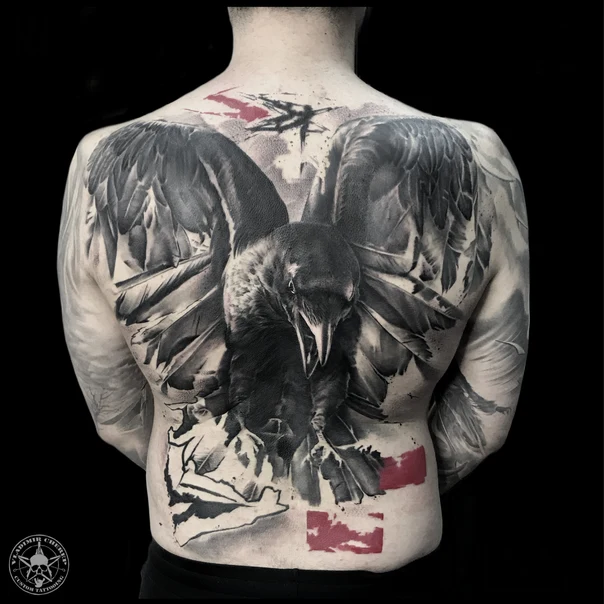 Чёрно-серая Crow, Wings tattoo на Спина (полная)