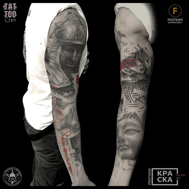 Чёрно-серая Samurai, Buddha tattoo на Полный рукав