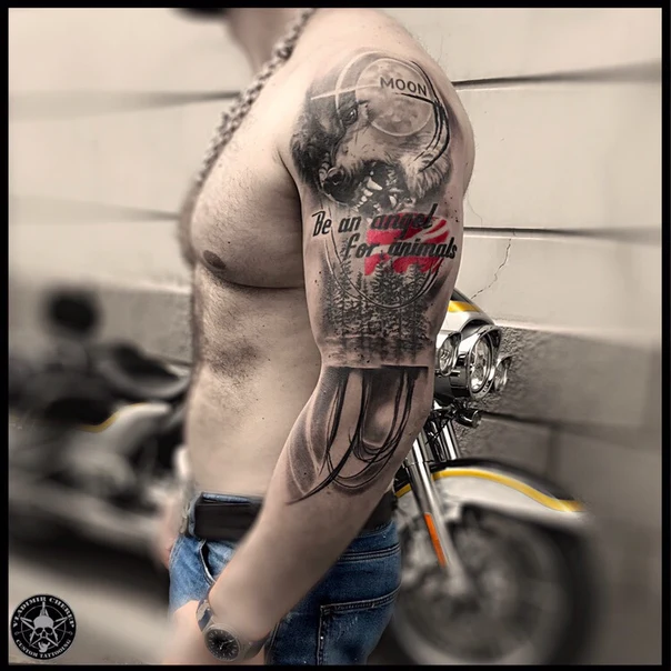 Реализм Wolf, Moon tattoo на Полный рукав