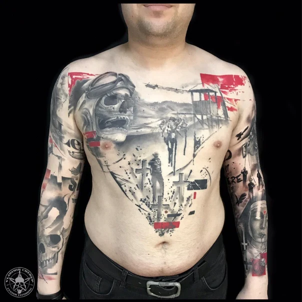 Trash Polka Skull, Crosses tattoo on Chest