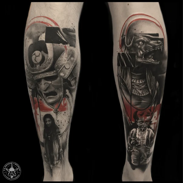 Чёрно-серая Samurai, Dog tattoo на Икра
