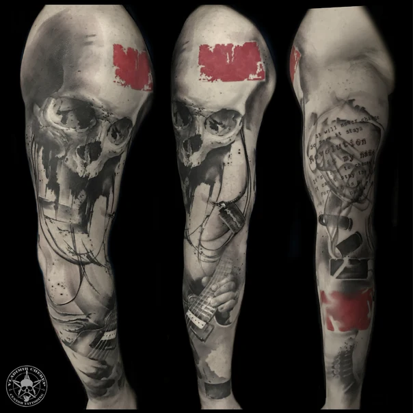 Чёрно-серая Skull, Guitar tattoo на Полный рукав