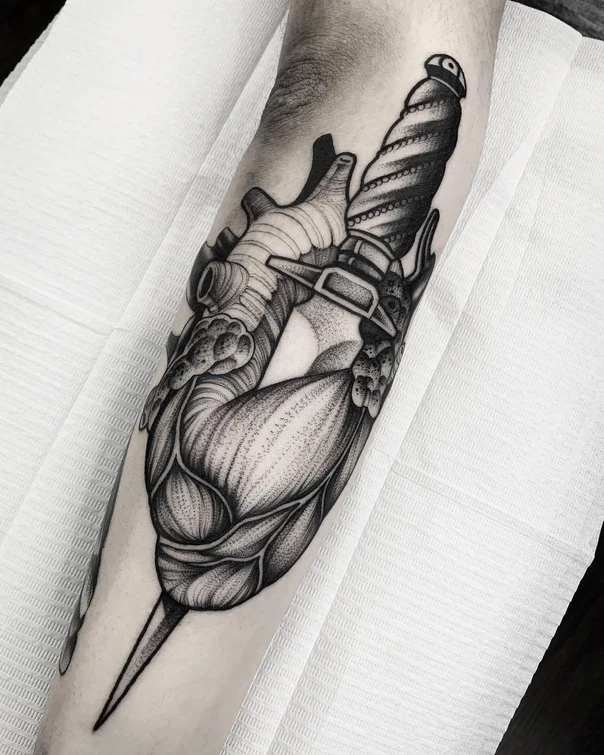 Blackwork Dagger, Flower tattoo on Forearm