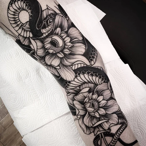 Blackwork Snake, Flower tattoo on Forearm