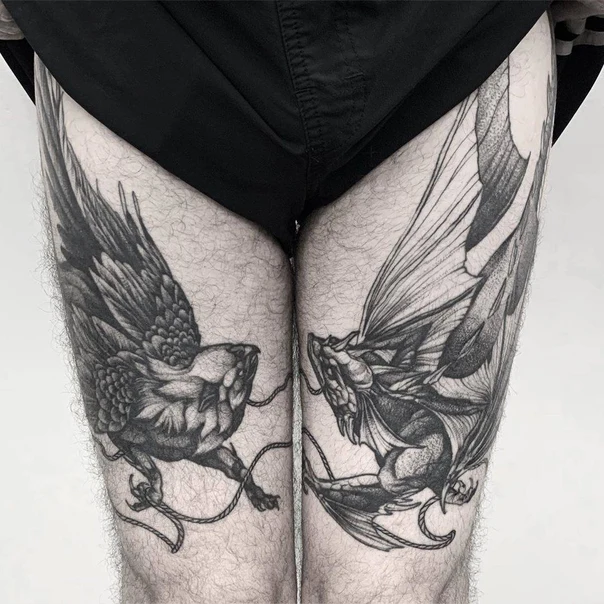 Blackwork Dragon, Wings tattoo on Thigh