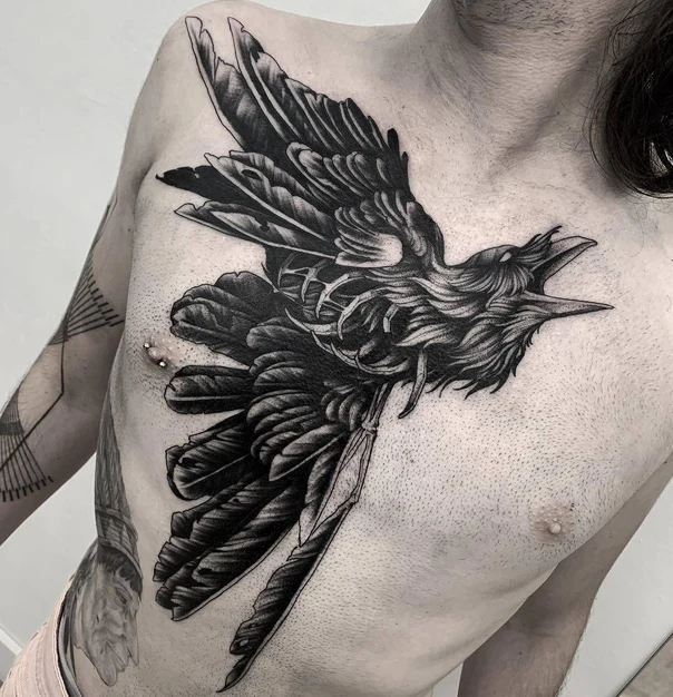Blackwork Raven, Bird tattoo on Chest
