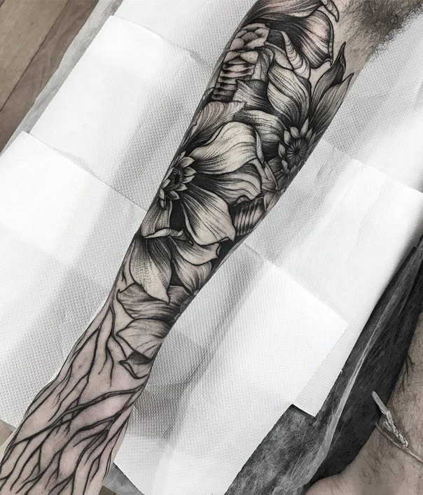 Blackwork Flowers, Roots tattoo on Forearm