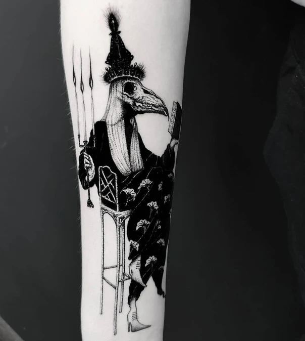 Blackwork Skull, Bird tattoo on Forearm