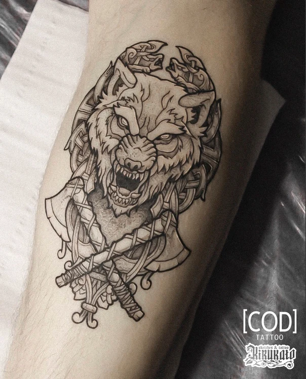 Блэкворк Wolf, Axes tattoo на Икра