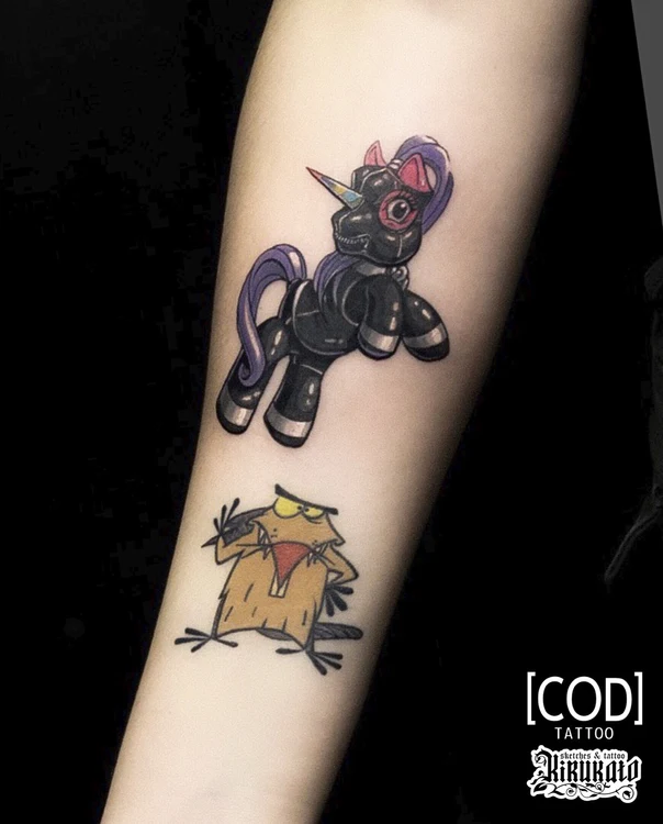 Cartoon Unicorn, Beaver tattoo on Forearm