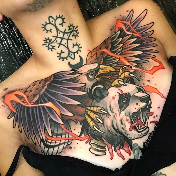 New School Eagle, Panda tattoo on Chest