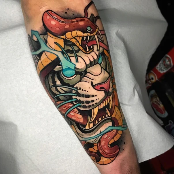 New School Tiger, Snake tattoo on Forearm