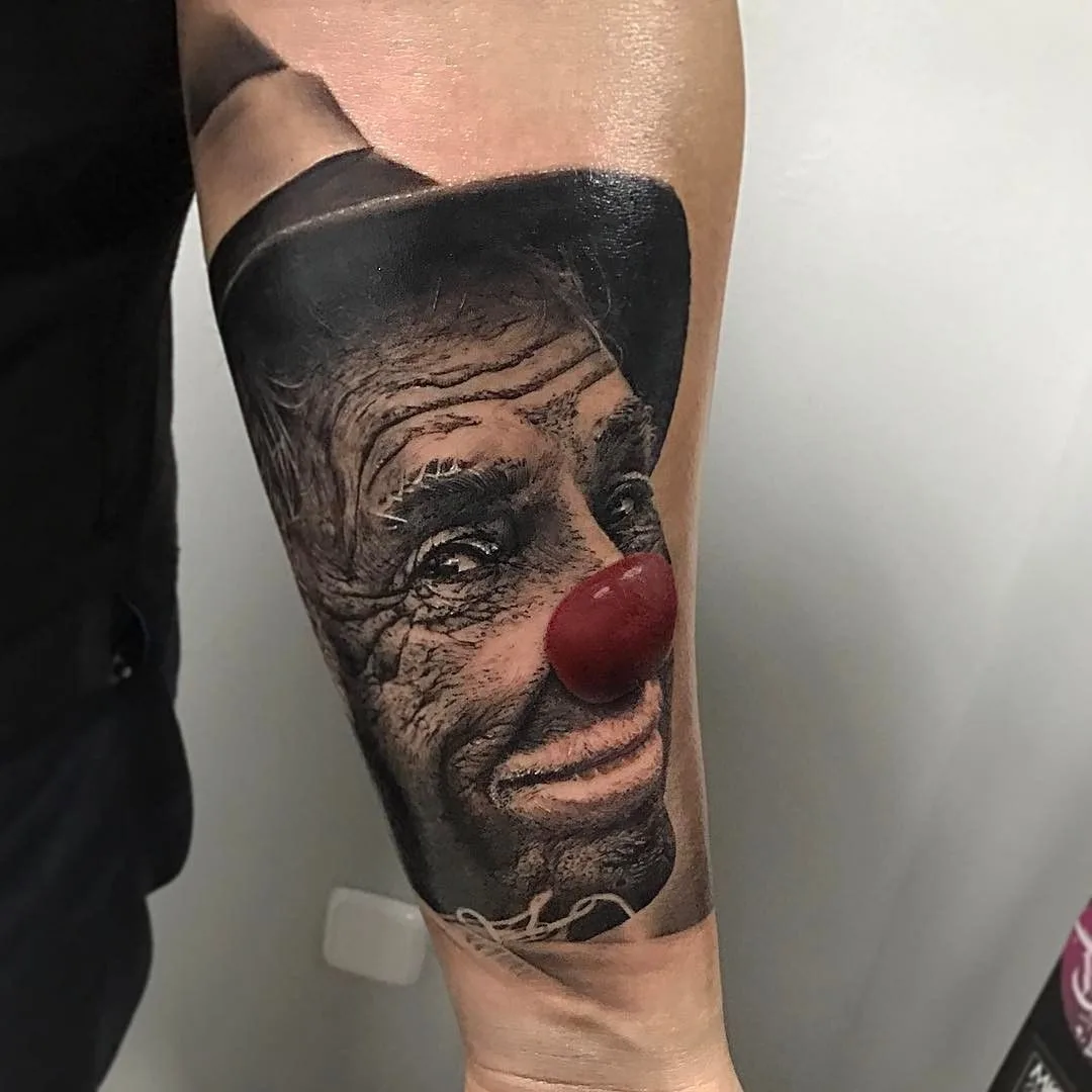 Black and gray portrait realism tattoo, clown tattoo | Tattoo artist Alberto Escobar | Madrid, Spain