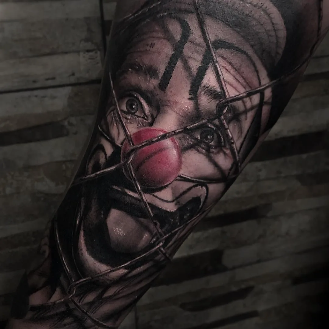 Black and gray portrait realism tattoo, clown tattoo | Tattoo artist Alberto Escobar | Madrid, Spain