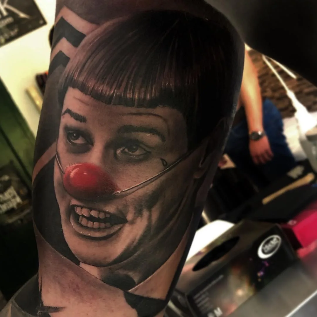 Black and gray portrait realism tattoo, clown tattoo | Tattoo artist Alberto Escobar | Madrid, Spain