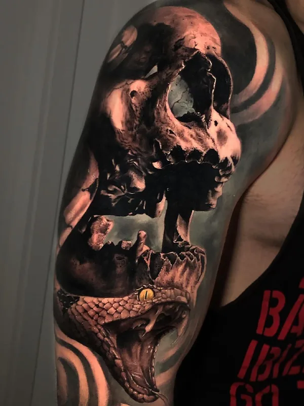 male black and grey realism tattoo on full sleeve #36433 | Tattoo Artist Alberto Escobar