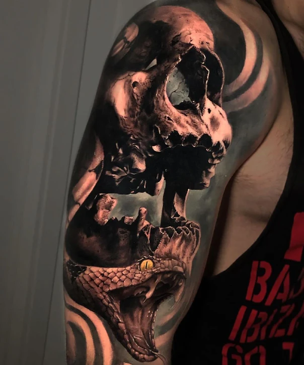 Realism Skull, Snake tattoo on Full Sleeve