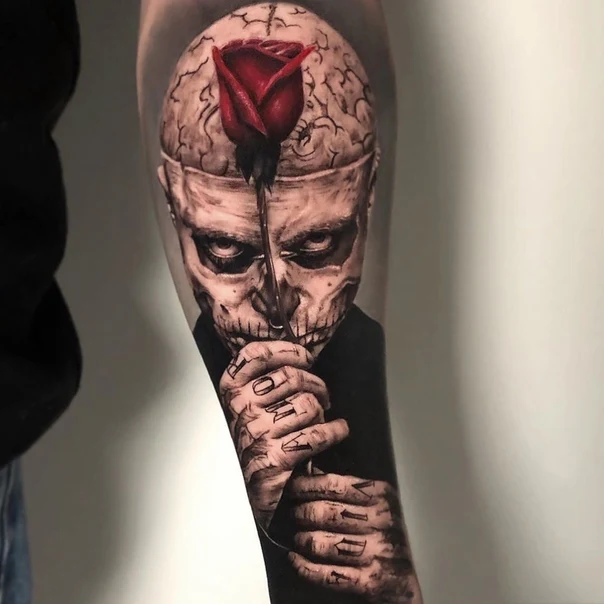 Realism Skull, Rose tattoo on Forearm