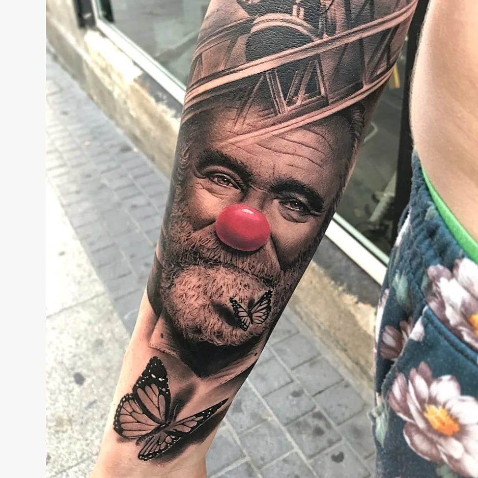 Black and gray portrait realism tattoo, clown tattoo | Tattoo artist Alberto Escobar | Madrid, Spain