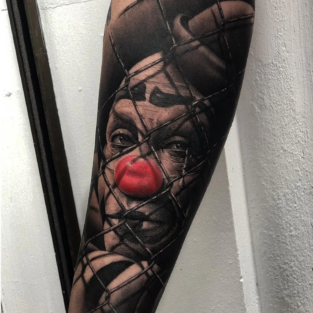 Black and gray portrait realism tattoo, clown tattoo | Tattoo artist Alberto Escobar | Madrid, Spain