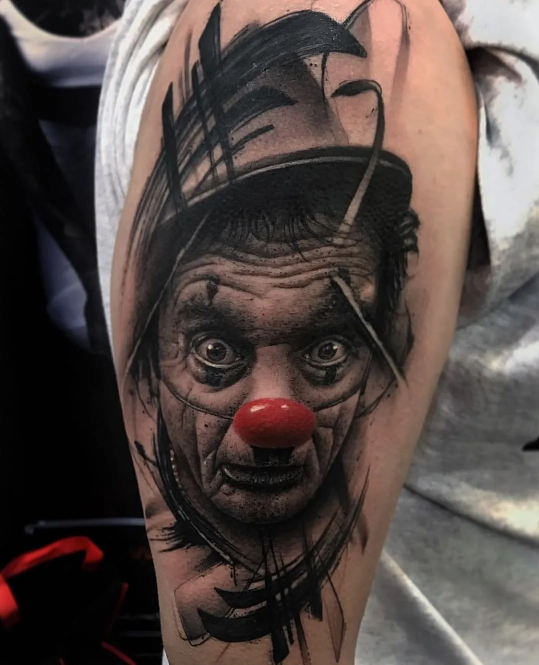 Black and gray portrait realism tattoo, clown tattoo | Tattoo artist Alberto Escobar | Madrid, Spain