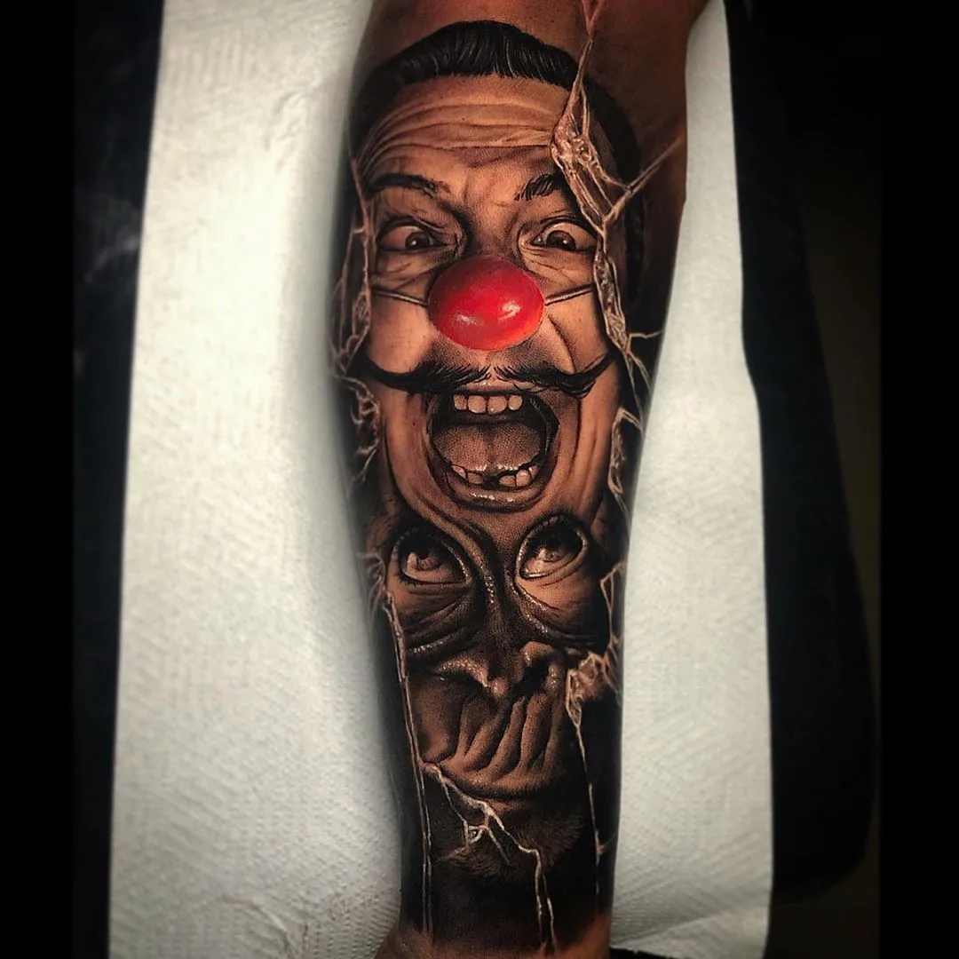 Black and gray portrait realism tattoo, clown tattoo | Tattoo artist Alberto Escobar | Madrid, Spain