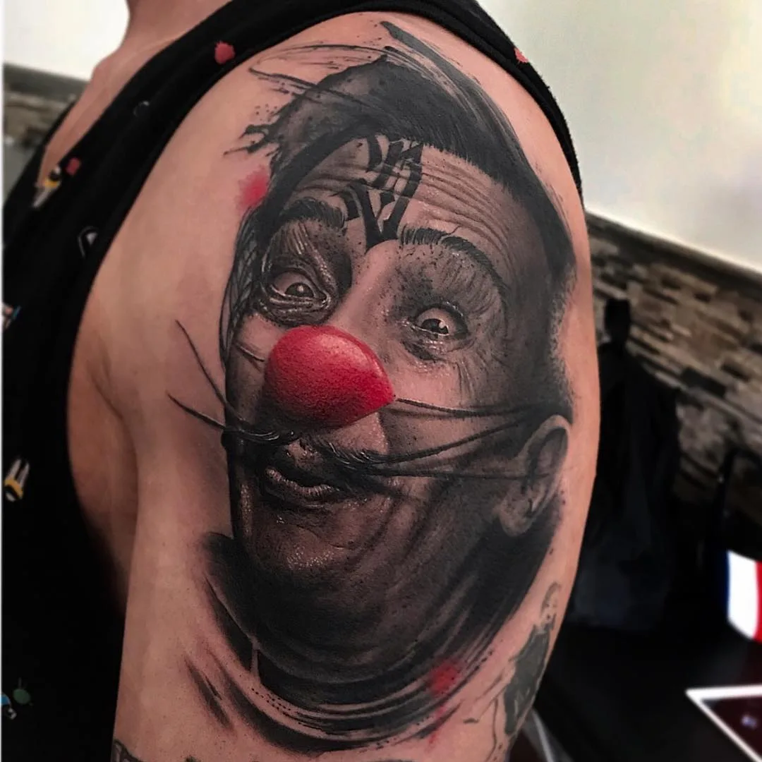 Black and gray portrait realism tattoo, clown tattoo | Tattoo artist Alberto Escobar | Madrid, Spain