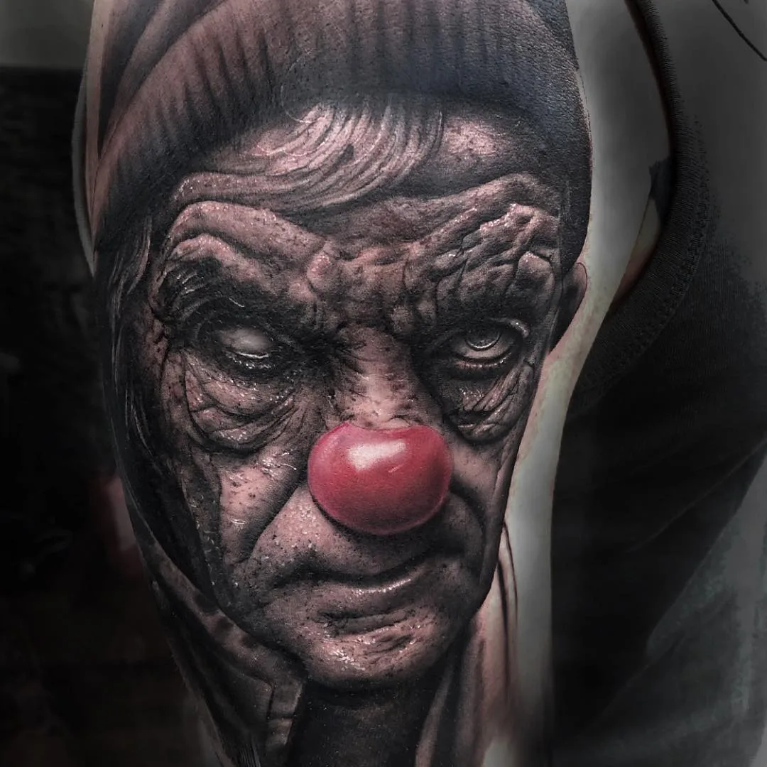Black and gray portrait realism tattoo, clown tattoo | Tattoo artist Alberto Escobar | Madrid, Spain