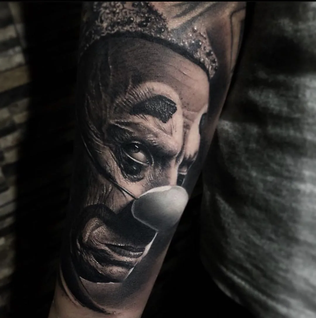 Black and gray portrait realism tattoo, clown tattoo | Tattoo artist Alberto Escobar | Madrid, Spain