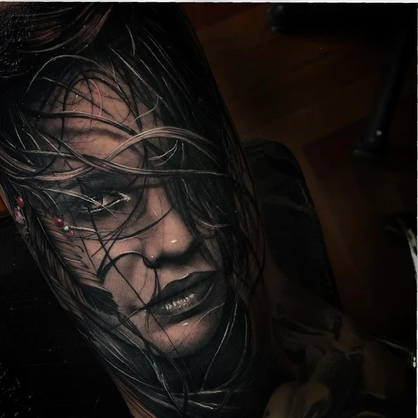 Realism Portrait, Feathers tattoo on Forearm