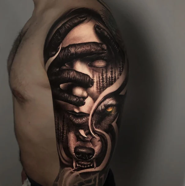 Realism Wolf, Portrait tattoo on Full Sleeve