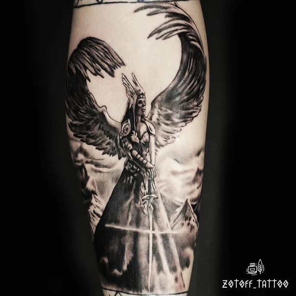 Чёрно-серая Angel, Wings tattoo на Предплечье
