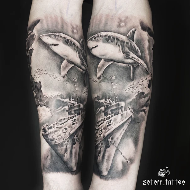 Реализм Shark, Ship tattoo на Предплечье