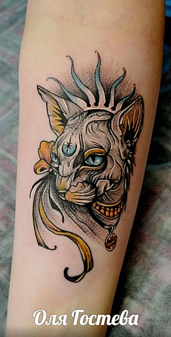 Иллюстративная Cat, Crown tattoo на Предплечье