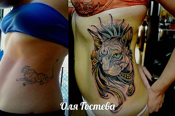 Нео-традиционная Cat, Ornament tattoo на Рёбра