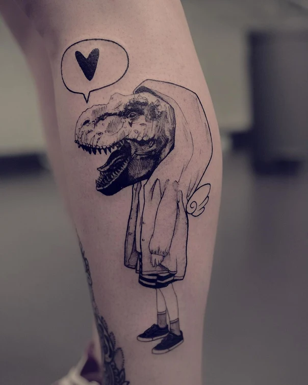 Sketch Dinosaur, Heart tattoo on Calf