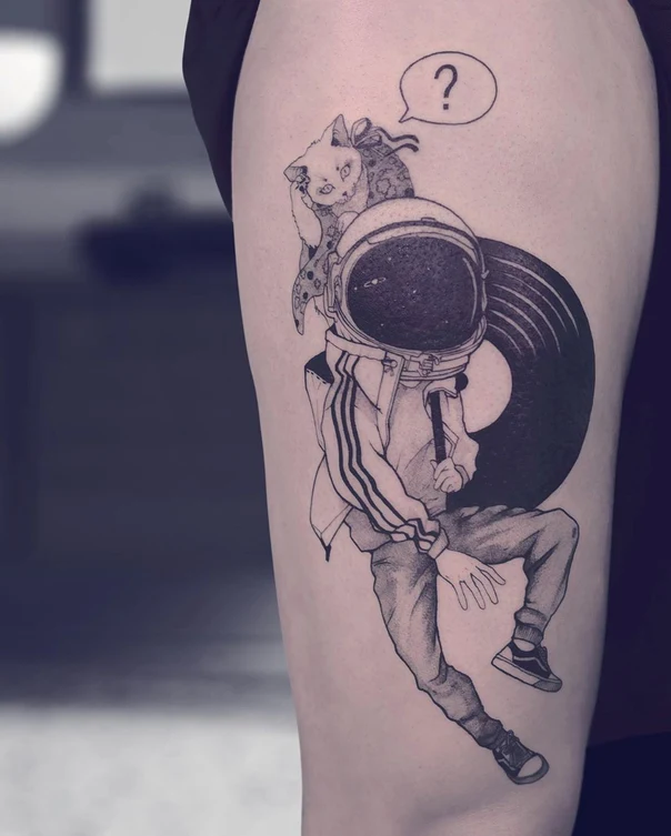 Sketch Astronaut, Cat tattoo on Thigh