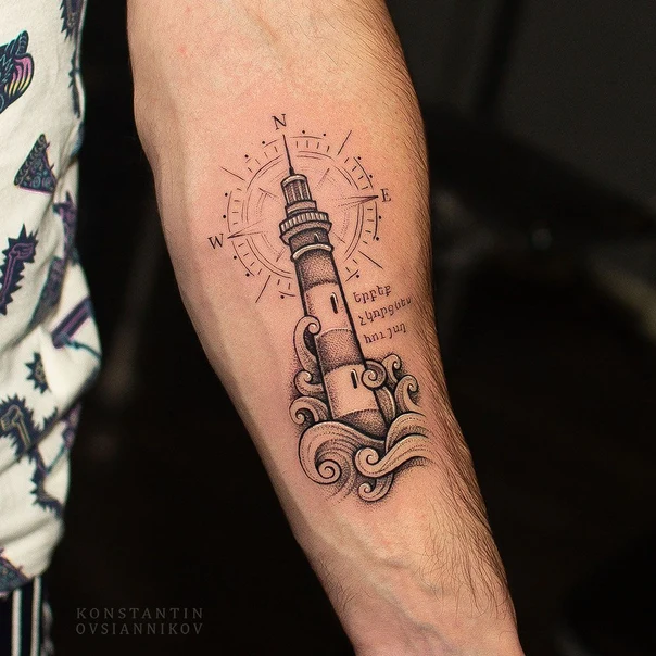 Лайнворк Lighthouse, Compass tattoo на Предплечье